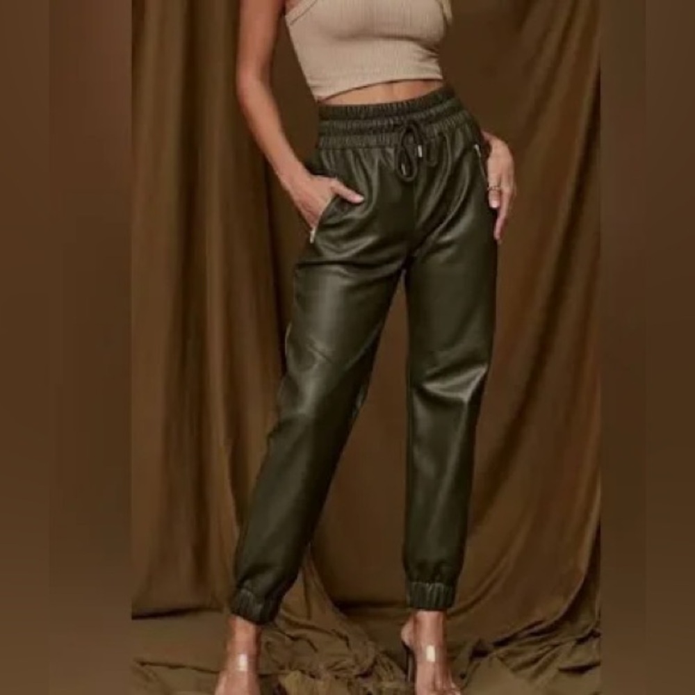 12th Tribe Presley Olive Vegan Leather Joggers
